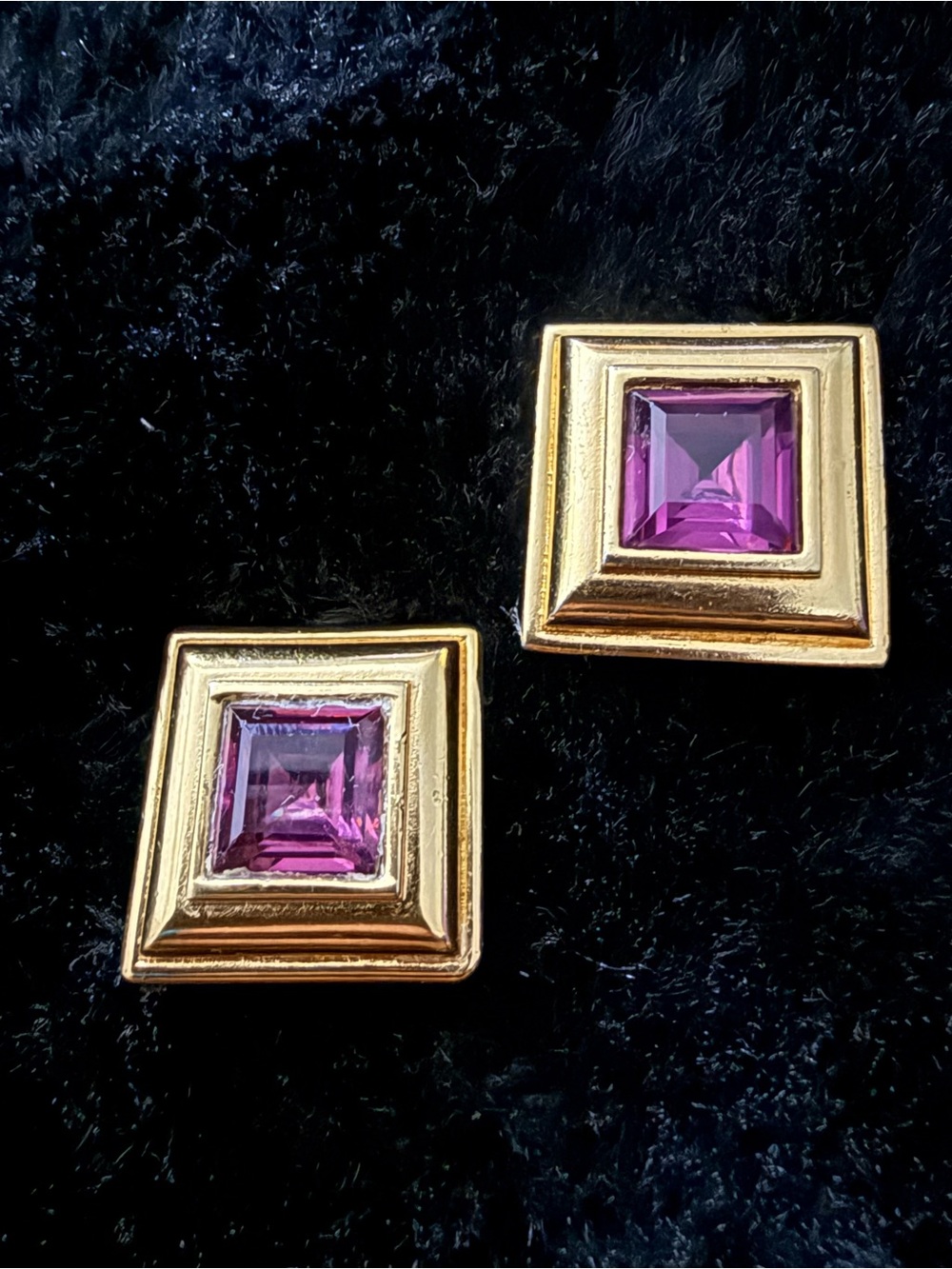 Vintage Monet Purple Crystal Gold Tone Square 1” Clip-On Earrings